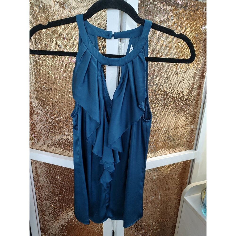 NWT Trina Turk Teal Silk Ruffle Front Sleeveless Blouse P